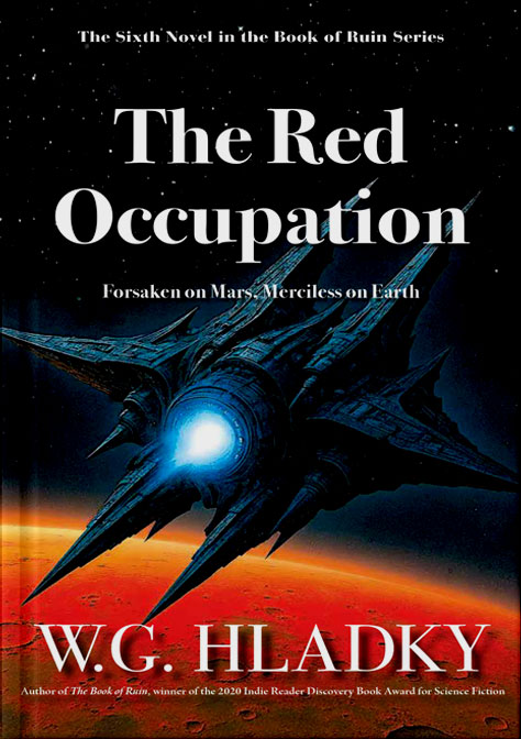 The Red Occupation book cover mockup of a spaceship flying off a red planet